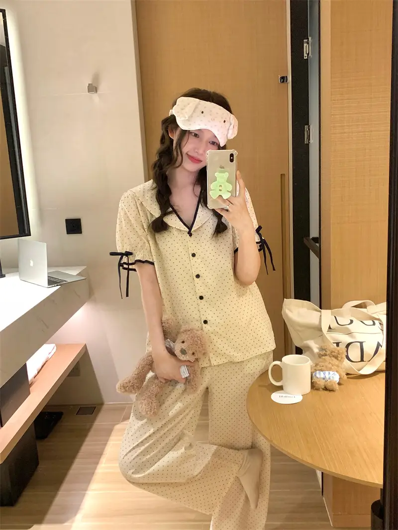 한국인기 러블리 레트로 도트 폴드 칼라 홈웨어 세트 상세 이미지 3