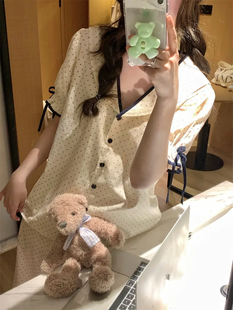 한국인기 러블리 레트로 도트 폴드 칼라 홈웨어 세트 상세 이미지 4