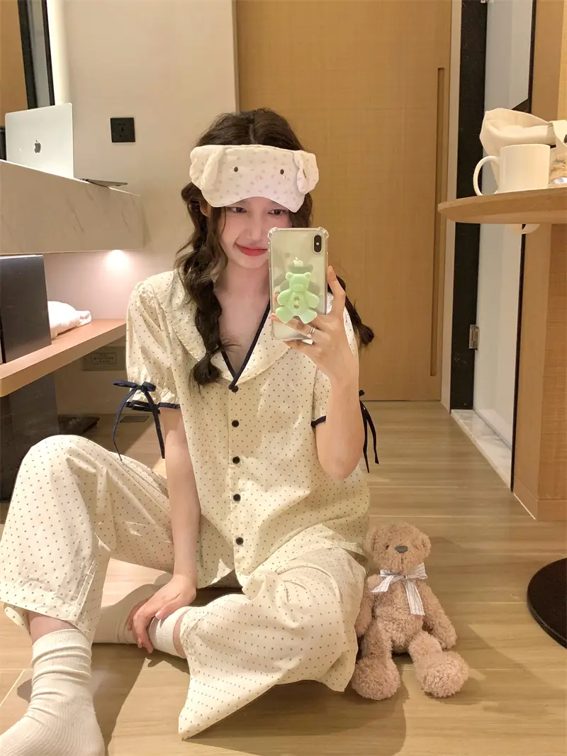 한국인기 러블리 레트로 도트 폴드 칼라 홈웨어 세트 상세 이미지 12