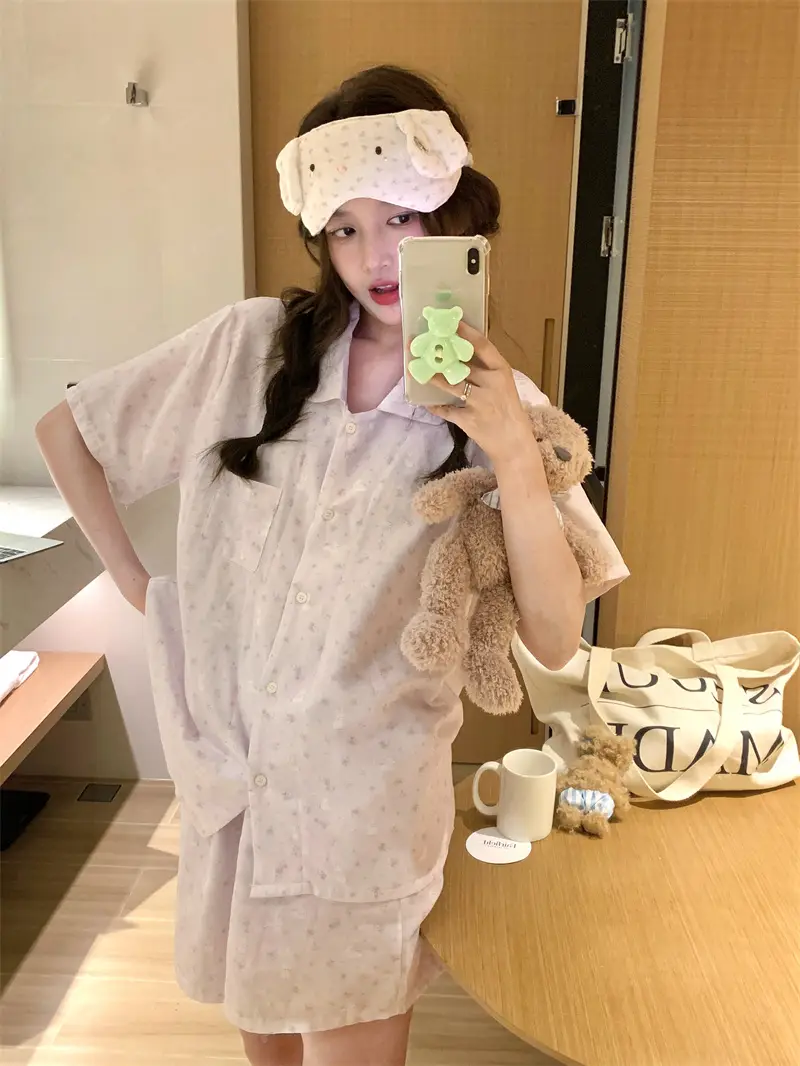 여성용 캐릭터 퍼플 플라워 홈웨어 세트 상세 이미지 2