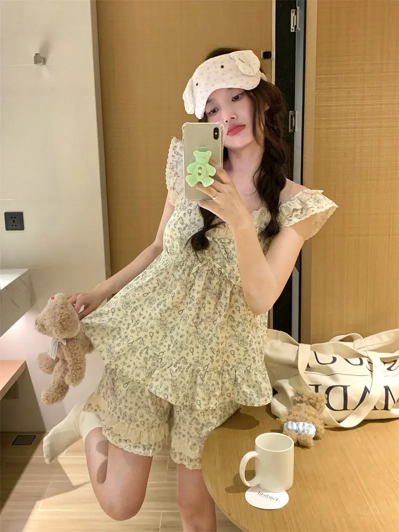 레이스 V넥 슬리브리스 홈웨어 세트 상세 이미지 3