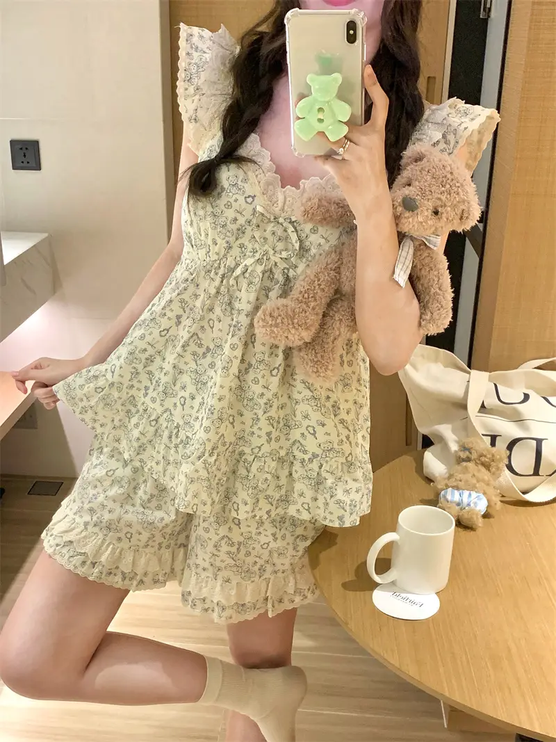 레이스 V넥 슬리브리스 홈웨어 세트 상세 이미지 6