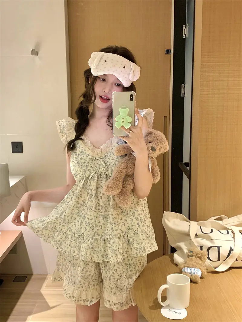 레이스 V넥 슬리브리스 홈웨어 세트 상세 이미지 8