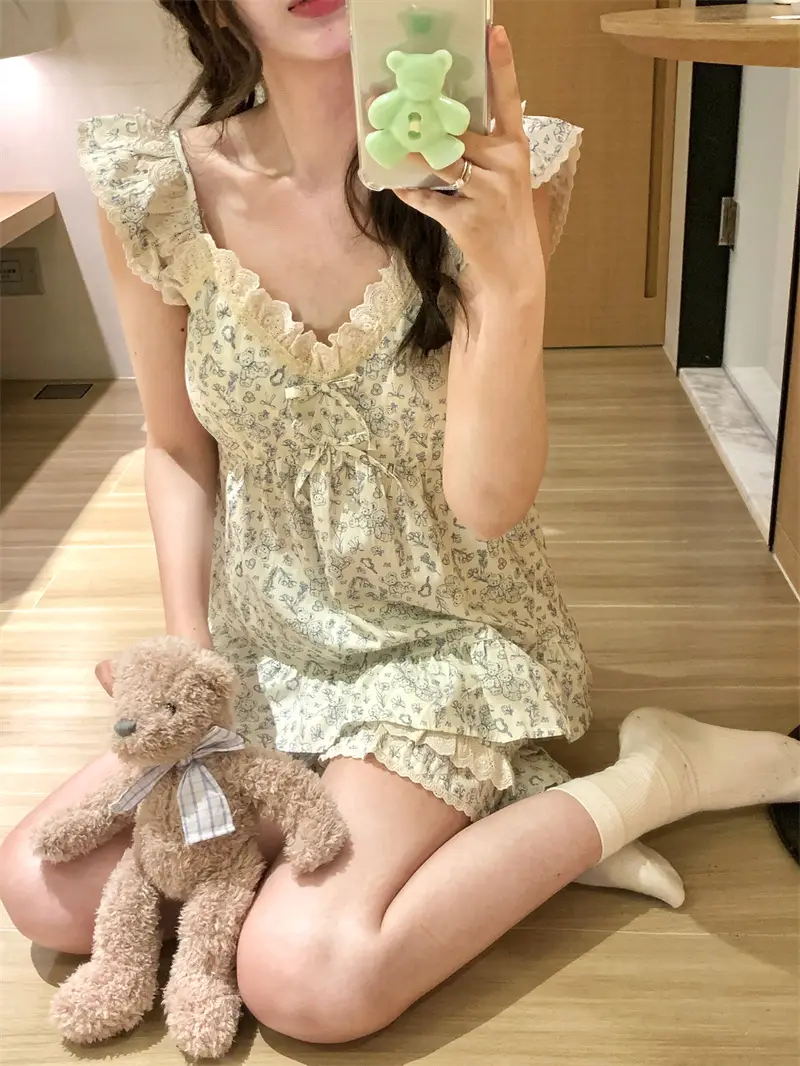레이스 V넥 슬리브리스 홈웨어 세트 상세 이미지 12