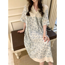 实拍 田园风甜美棉纱蕾丝花边v领家居服睡衣中长款睡裙