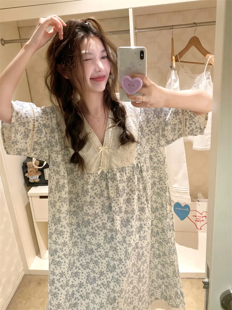 러블리 레이스 V넥 면사 나이트드레스 상세 이미지 1