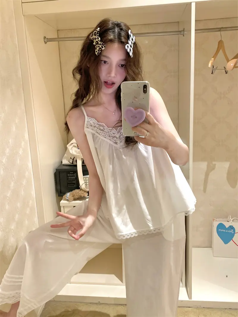 단추 레이스 티셔츠 홈웨어 세트 상세 이미지 16