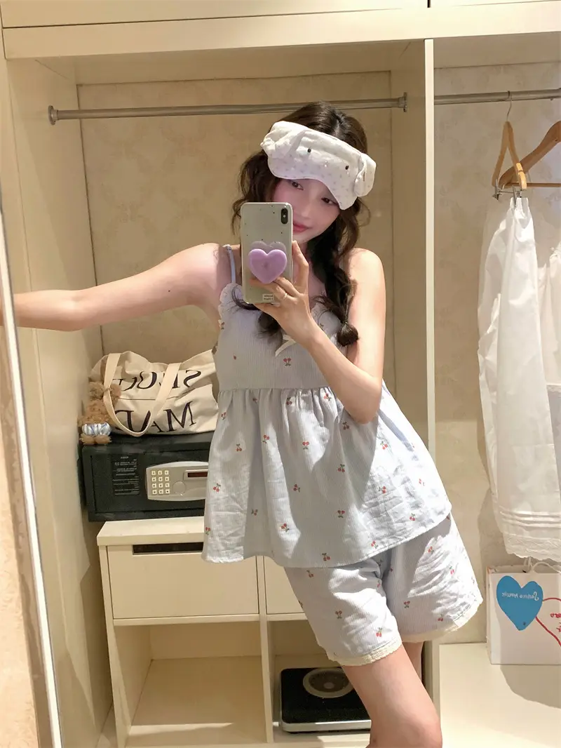 체리 스트라이프 면 리본 슬리브리스 홈웨어 세트 상세 이미지 3