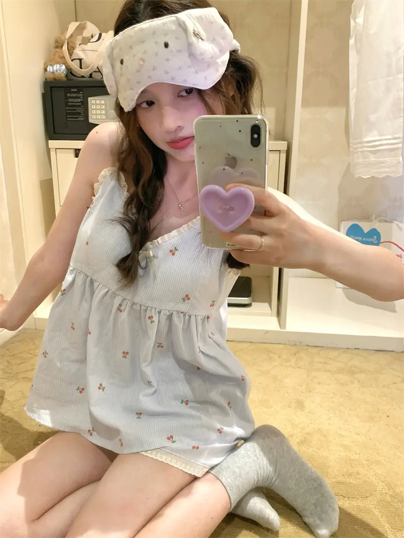 체리 스트라이프 면 리본 슬리브리스 홈웨어 세트 상세 이미지 11