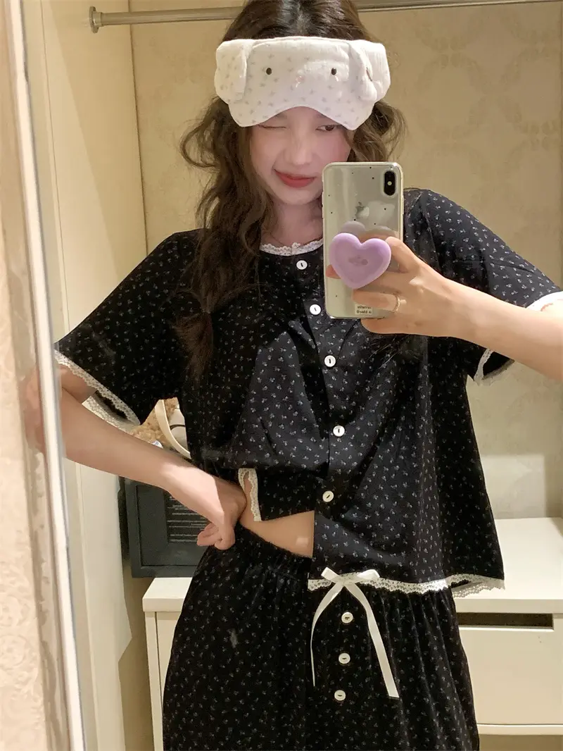 레트로 러블리 플라워 프릴 홈웨어 세트 상세 이미지 1