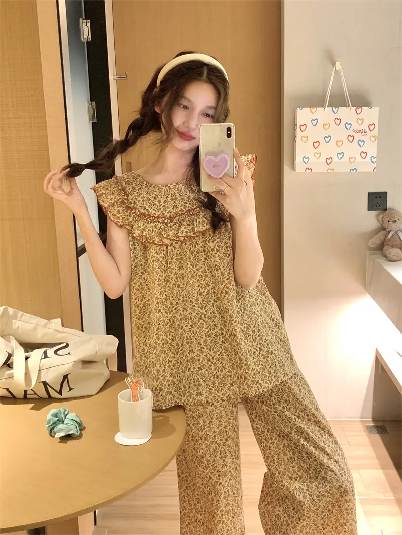 러블리 플라워 프린팅 러플 민소매 홈웨어 세트 상세 이미지 1