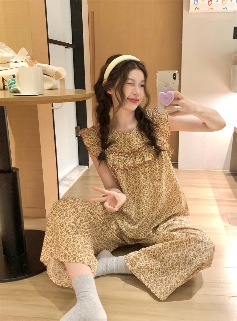 러블리 플라워 프린팅 러플 민소매 홈웨어 세트 상세 이미지 3
