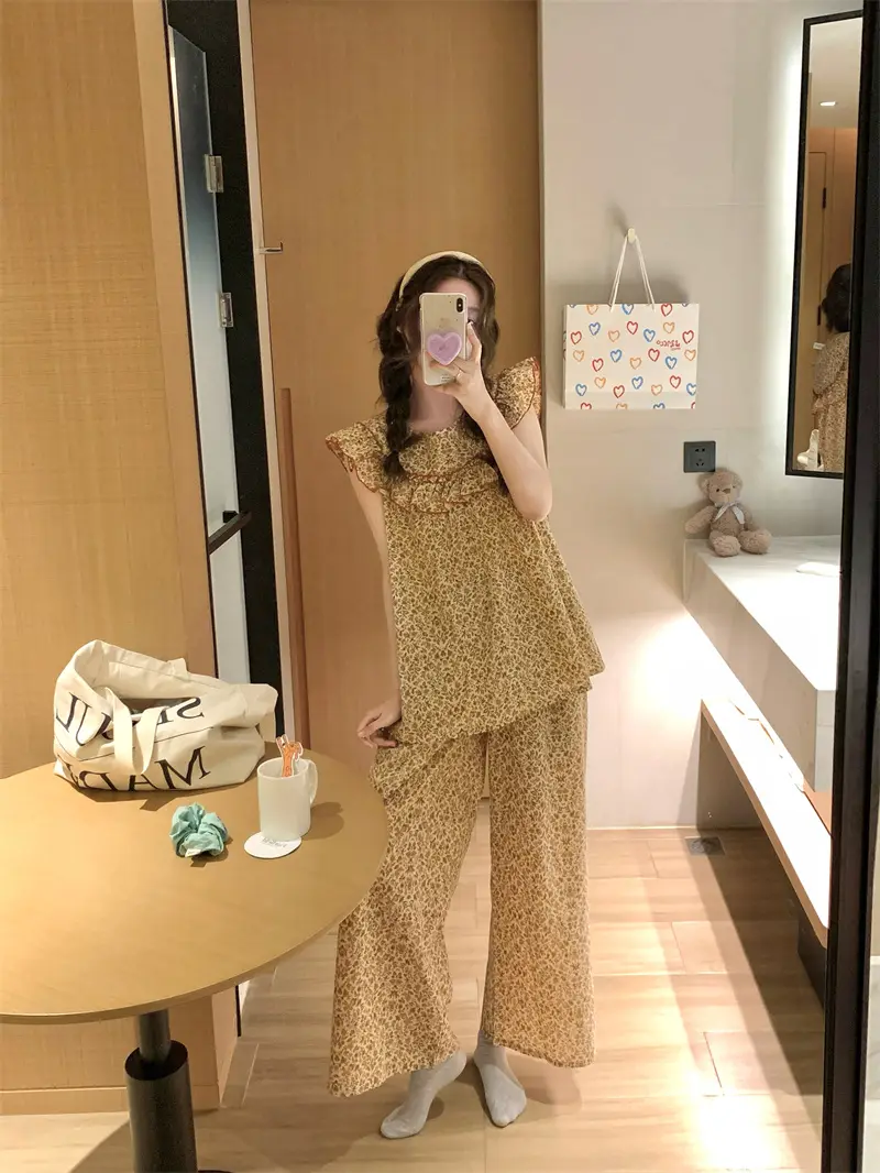 러블리 플라워 프린팅 러플 민소매 홈웨어 세트 상세 이미지 4