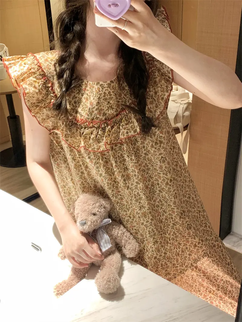 러블리 플라워 프린팅 러플 민소매 홈웨어 세트 상세 이미지 5