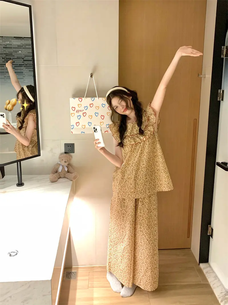 러블리 플라워 프린팅 러플 민소매 홈웨어 세트 상세 이미지 6