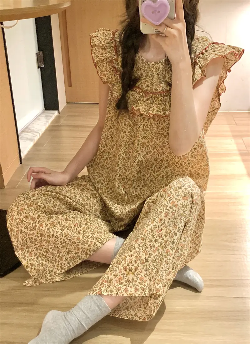 러블리 플라워 프린팅 러플 민소매 홈웨어 세트 상세 이미지 7