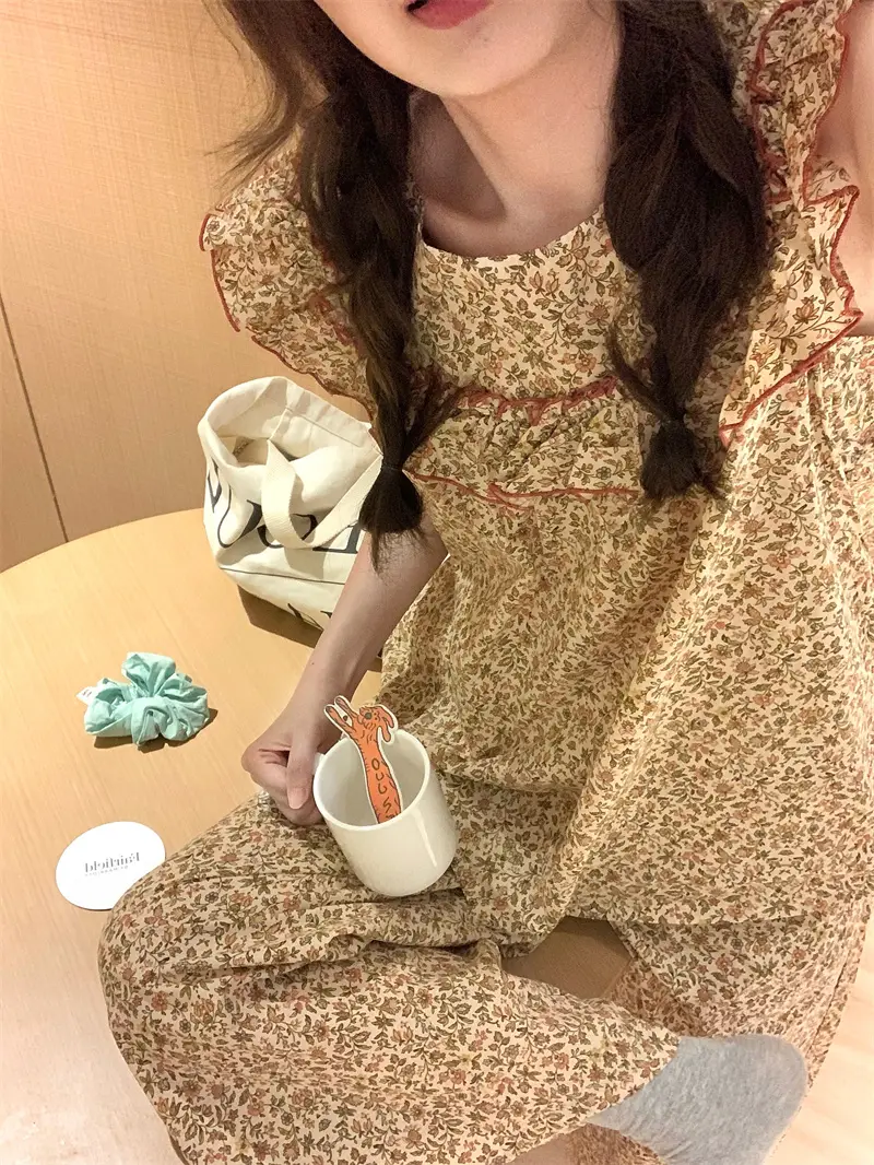 러블리 플라워 프린팅 러플 민소매 홈웨어 세트 상세 이미지 9