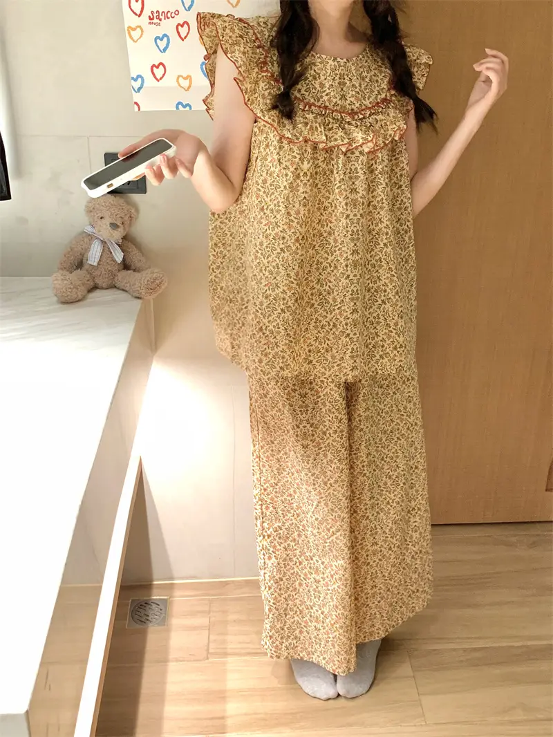 러블리 플라워 프린팅 러플 민소매 홈웨어 세트 상세 이미지 10