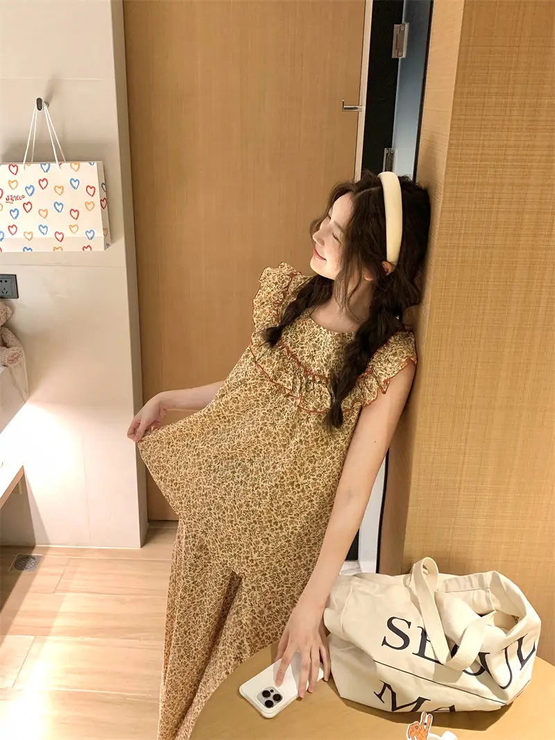 러블리 플라워 프린팅 러플 민소매 홈웨어 세트 상세 이미지 11