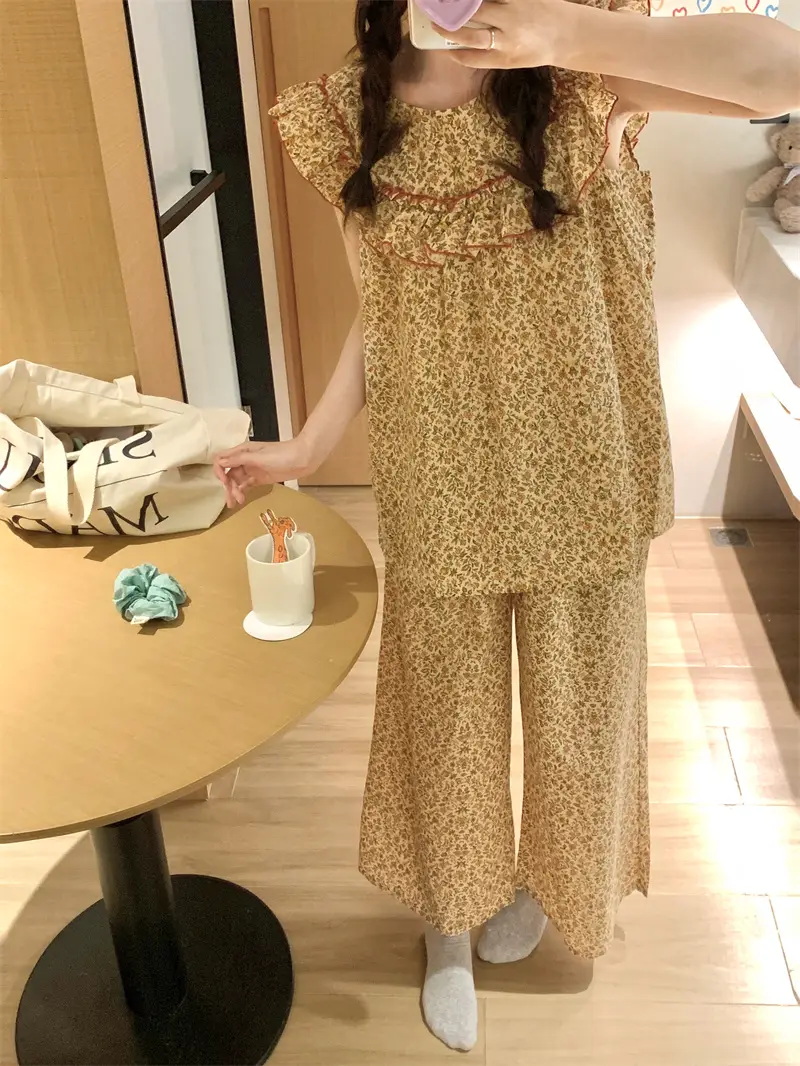 러블리 플라워 프린팅 러플 민소매 홈웨어 세트 상세 이미지 12
