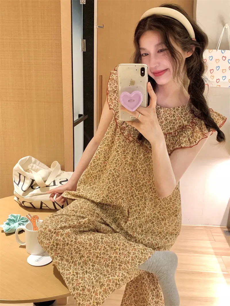 러블리 플라워 프린팅 러플 민소매 홈웨어 세트 상세 이미지 13