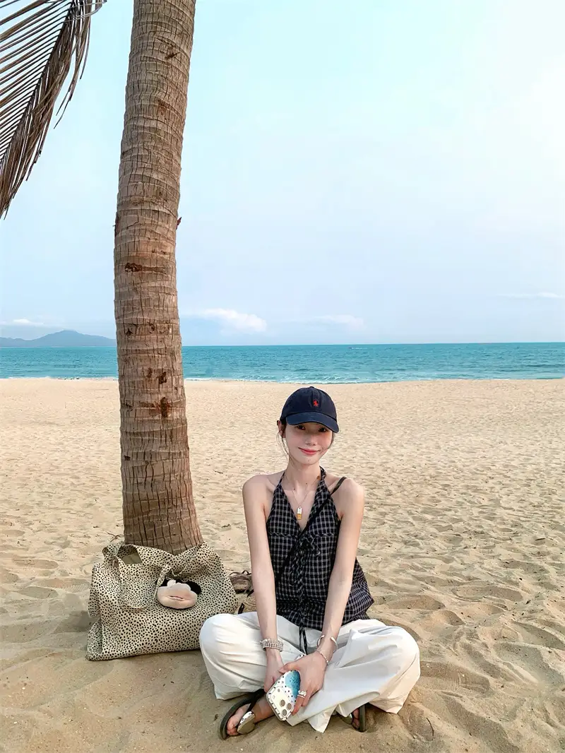블루 체크 무슬리브 홀터넥 탑 상세 이미지 3