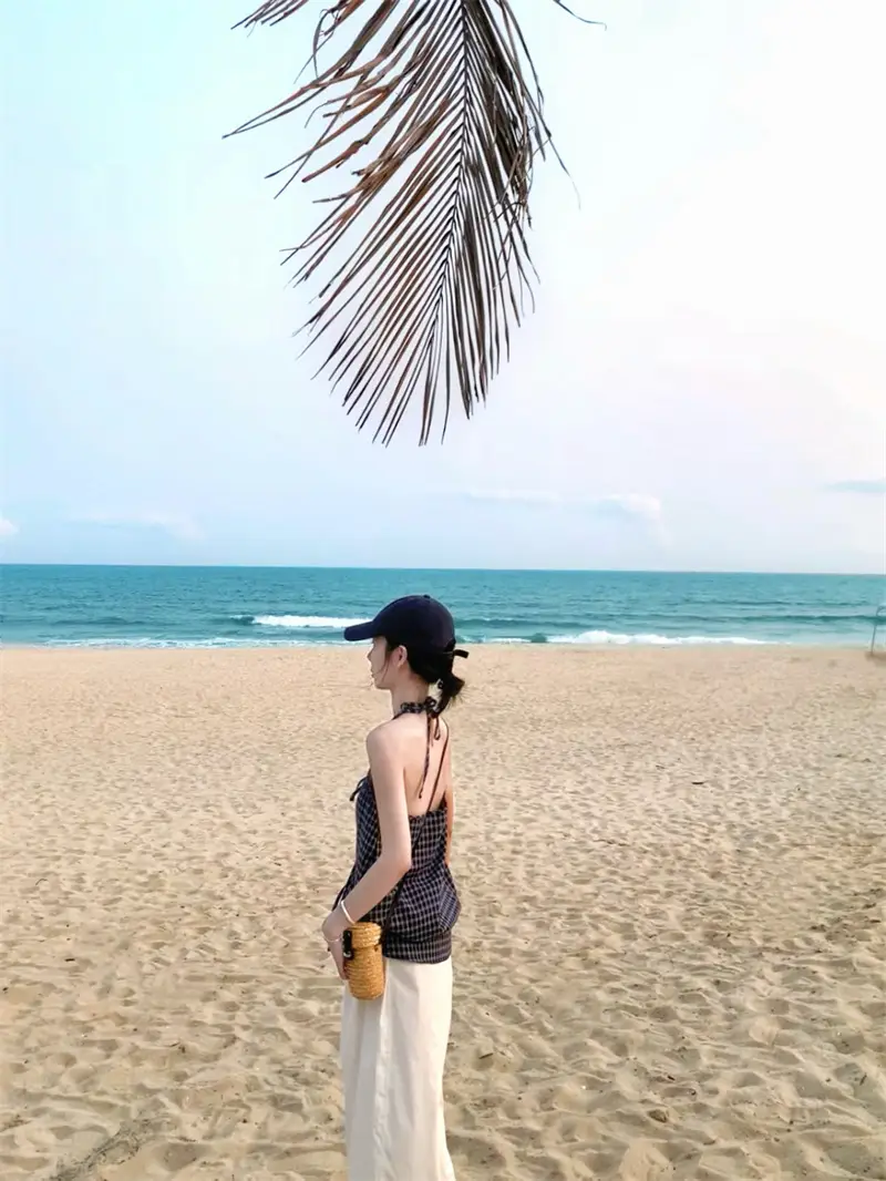 블루 체크 무슬리브 홀터넥 탑 상세 이미지 6