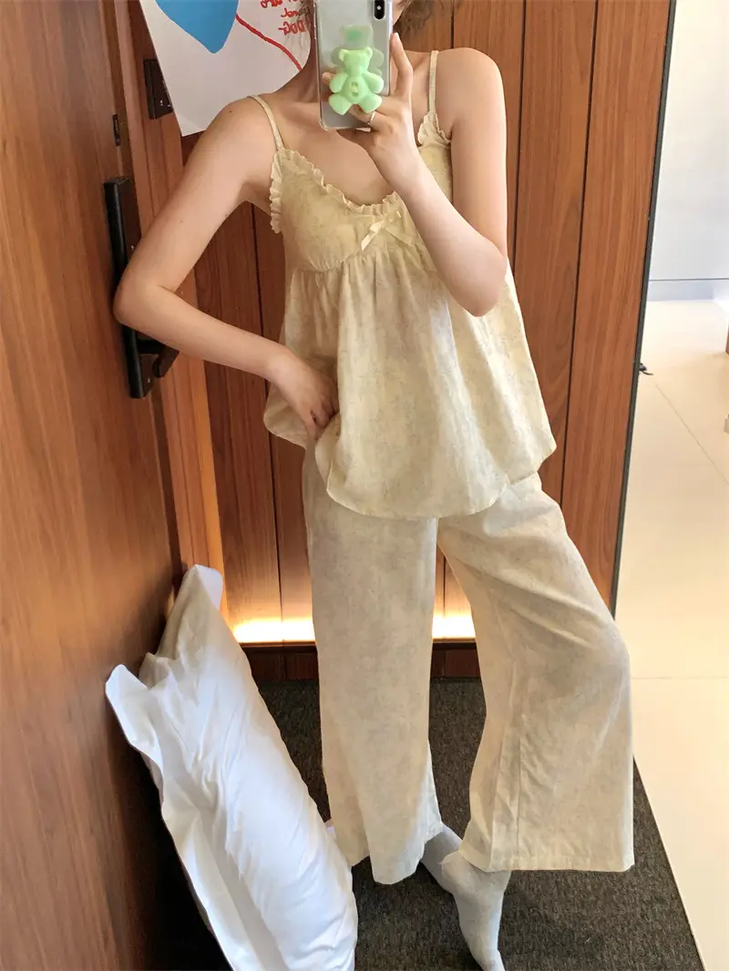 프렌치 블루 플라워 더블 거즈 슬리브리스 홈웨어 세트 상세 이미지 2