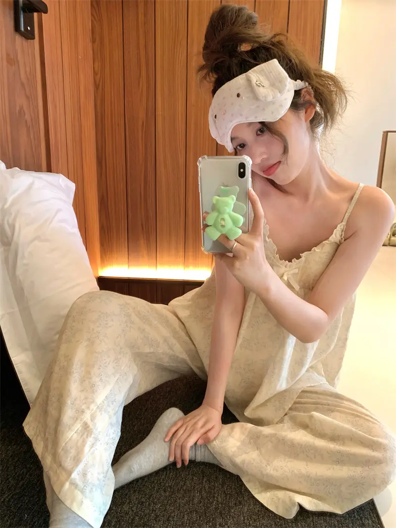 프렌치 블루 플라워 더블 거즈 슬리브리스 홈웨어 세트 상세 이미지 3