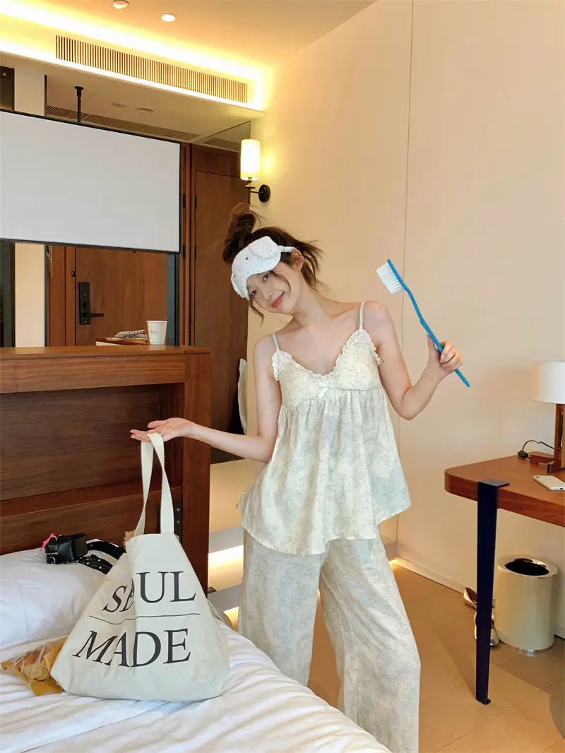 프렌치 블루 플라워 더블 거즈 슬리브리스 홈웨어 세트 상세 이미지 4