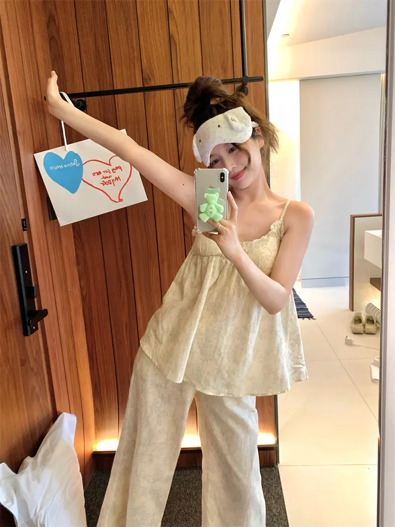 프렌치 블루 플라워 더블 거즈 슬리브리스 홈웨어 세트 상세 이미지 6