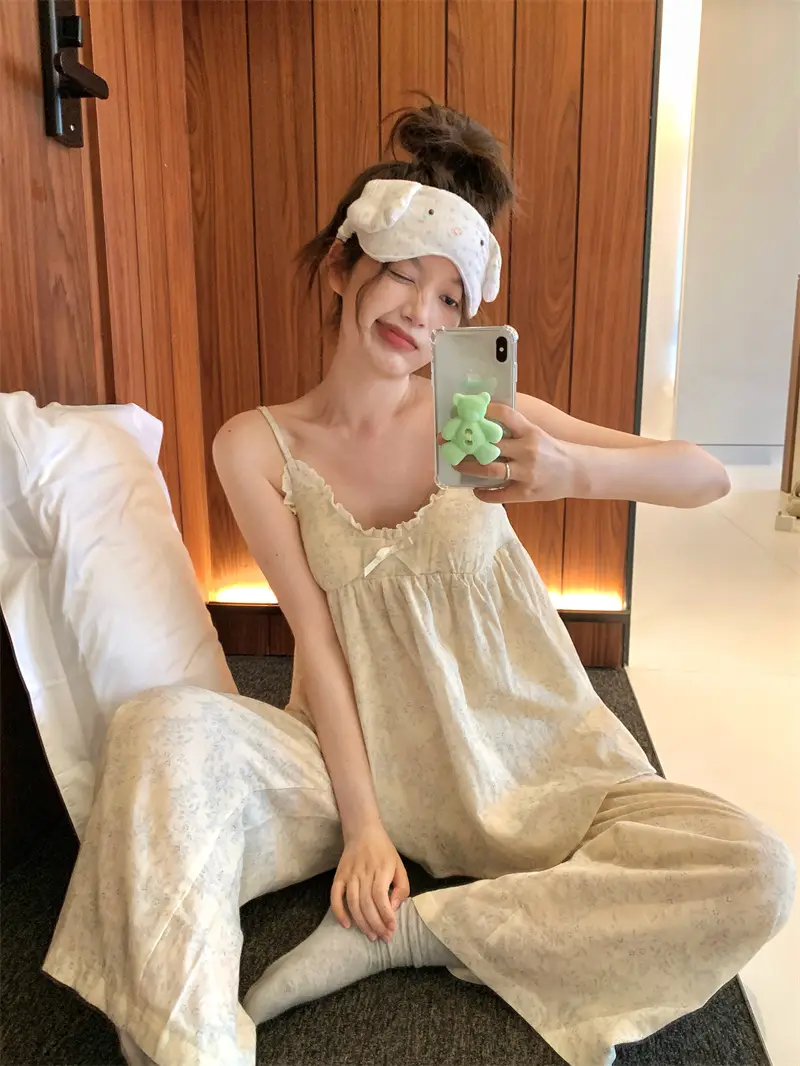 프렌치 블루 플라워 더블 거즈 슬리브리스 홈웨어 세트 상세 이미지 7