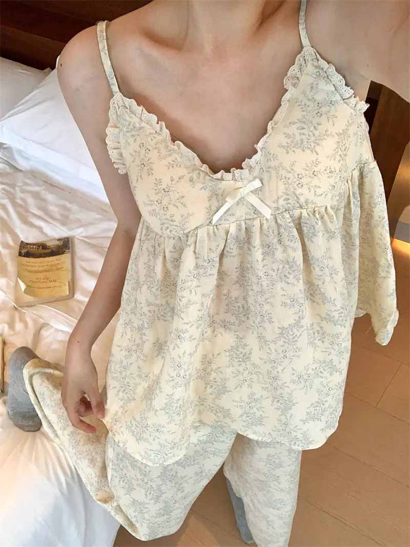 프렌치 블루 플라워 더블 거즈 슬리브리스 홈웨어 세트 상세 이미지 8