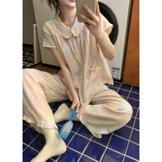 批发实拍  夏日<b class='q'>甜美</b>粉色格子碎花娃娃领少女家居服睡衣套装