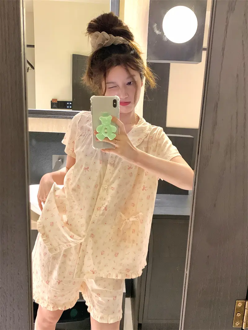 러블리 꽃무늬 반소매 홈웨어 세트