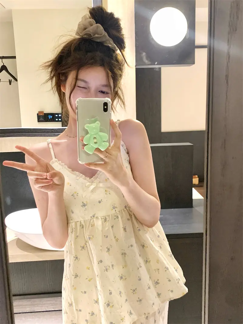 러블리 플라워 리본 슬리브리스 홈웨어 세트 상세 이미지 1