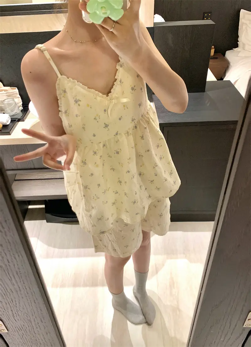 러블리 플라워 리본 슬리브리스 홈웨어 세트 상세 이미지 4