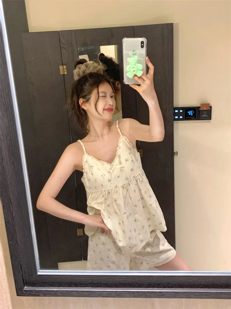 러블리 플라워 리본 슬리브리스 홈웨어 세트 상세 이미지 5
