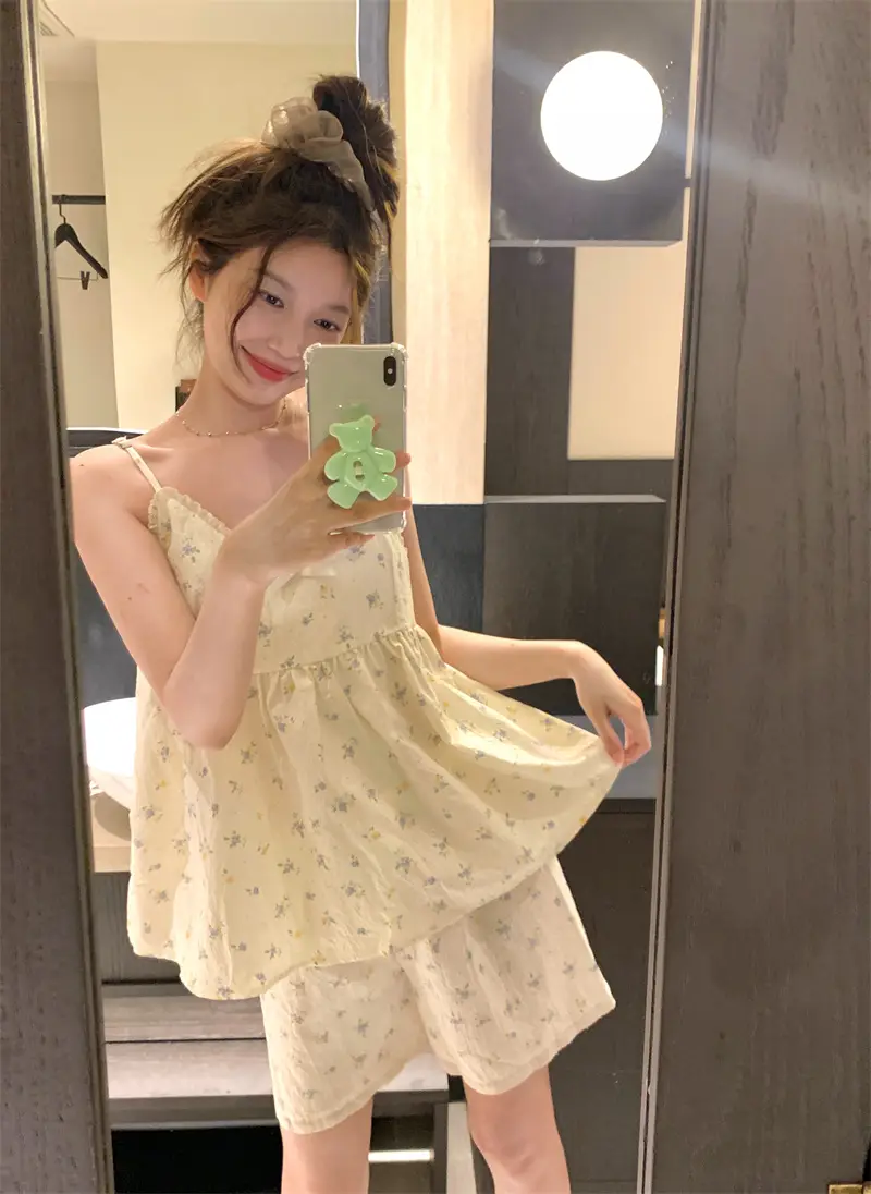 러블리 플라워 리본 슬리브리스 홈웨어 세트 상세 이미지 7