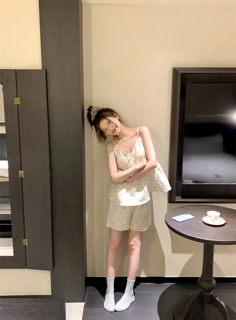 러블리 플라워 리본 슬리브리스 홈웨어 세트 상세 이미지 8