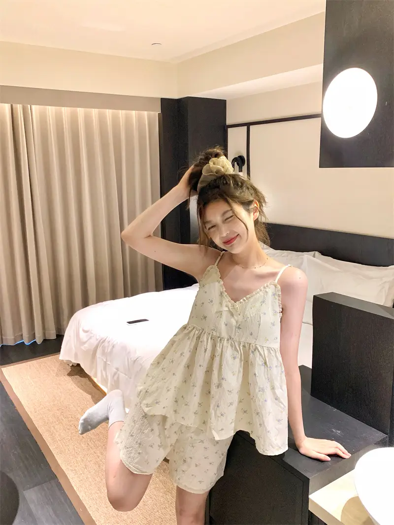 러블리 플라워 리본 슬리브리스 홈웨어 세트 상세 이미지 9