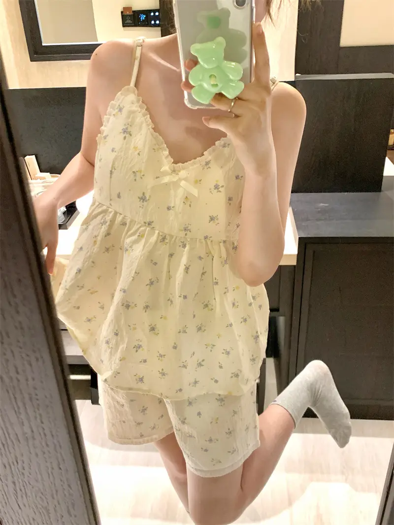 러블리 플라워 리본 슬리브리스 홈웨어 세트 상세 이미지 10