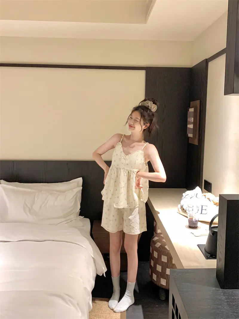 러블리 플라워 리본 슬리브리스 홈웨어 세트 상세 이미지 11
