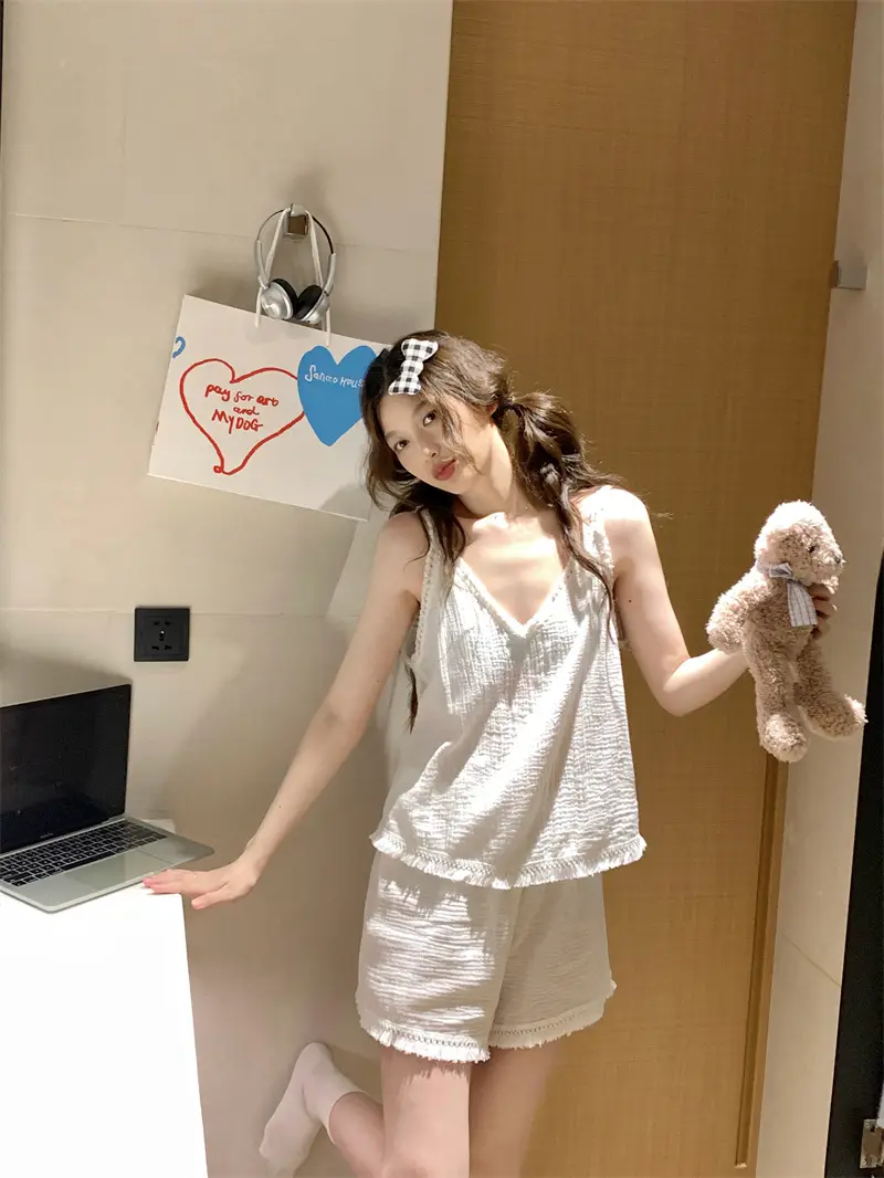 V넥 백오픈 슬리브리스 홈웨어 세트 상세 이미지 9