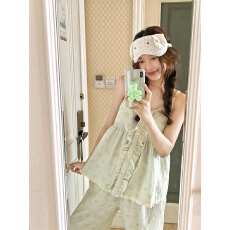 批发实拍 日系木耳边田园绿碎花少女带胸垫家居<b class='q'>服</b>睡衣套装
