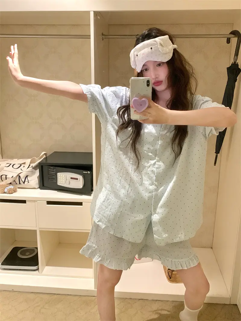 아이스 블루 퍼프소매 면 더블 거즈 홈웨어 세트 상세 이미지 4