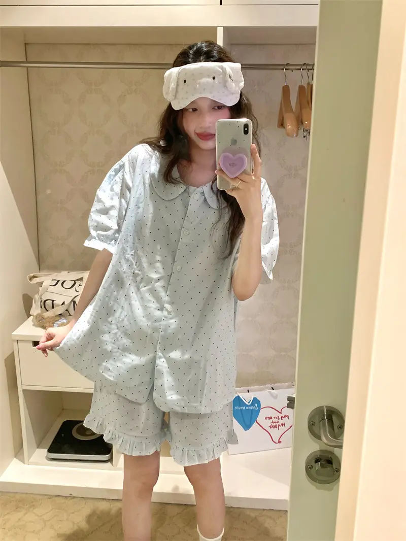 아이스 블루 퍼프소매 면 더블 거즈 홈웨어 세트 상세 이미지 6