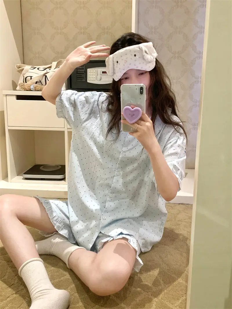아이스 블루 퍼프소매 면 더블 거즈 홈웨어 세트 상세 이미지 8