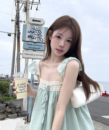 실사 녹색 레이스 작은 날다 소매 달콤함 맨위 셔츠 작은 셔츠