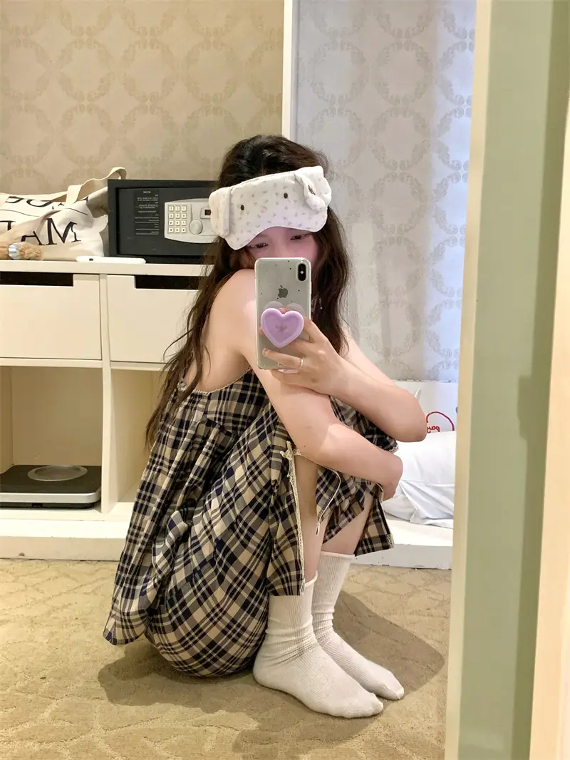 한국인기 러블리 체크 슬리브리스 홈웨어 세트 상세 이미지 1